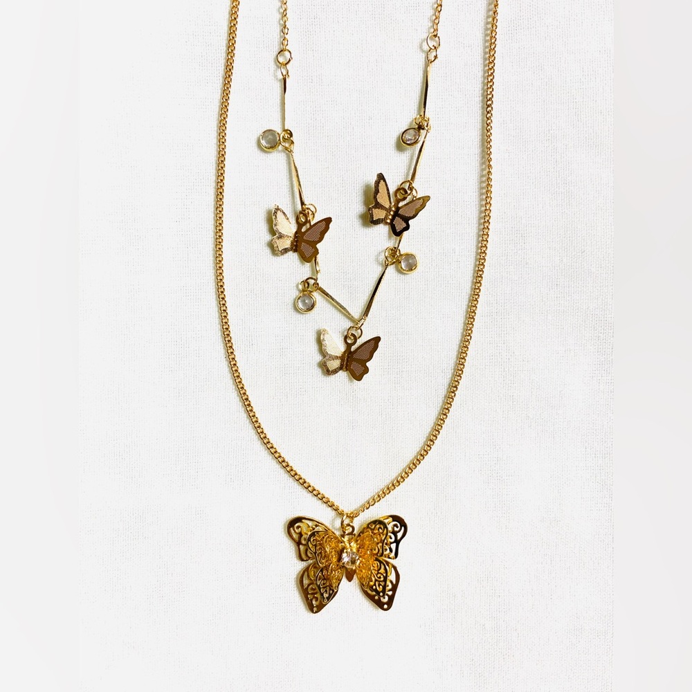 Gold Butterflies Layered Necklace. 2 Strand Butterfly Chain With Faux Crystals